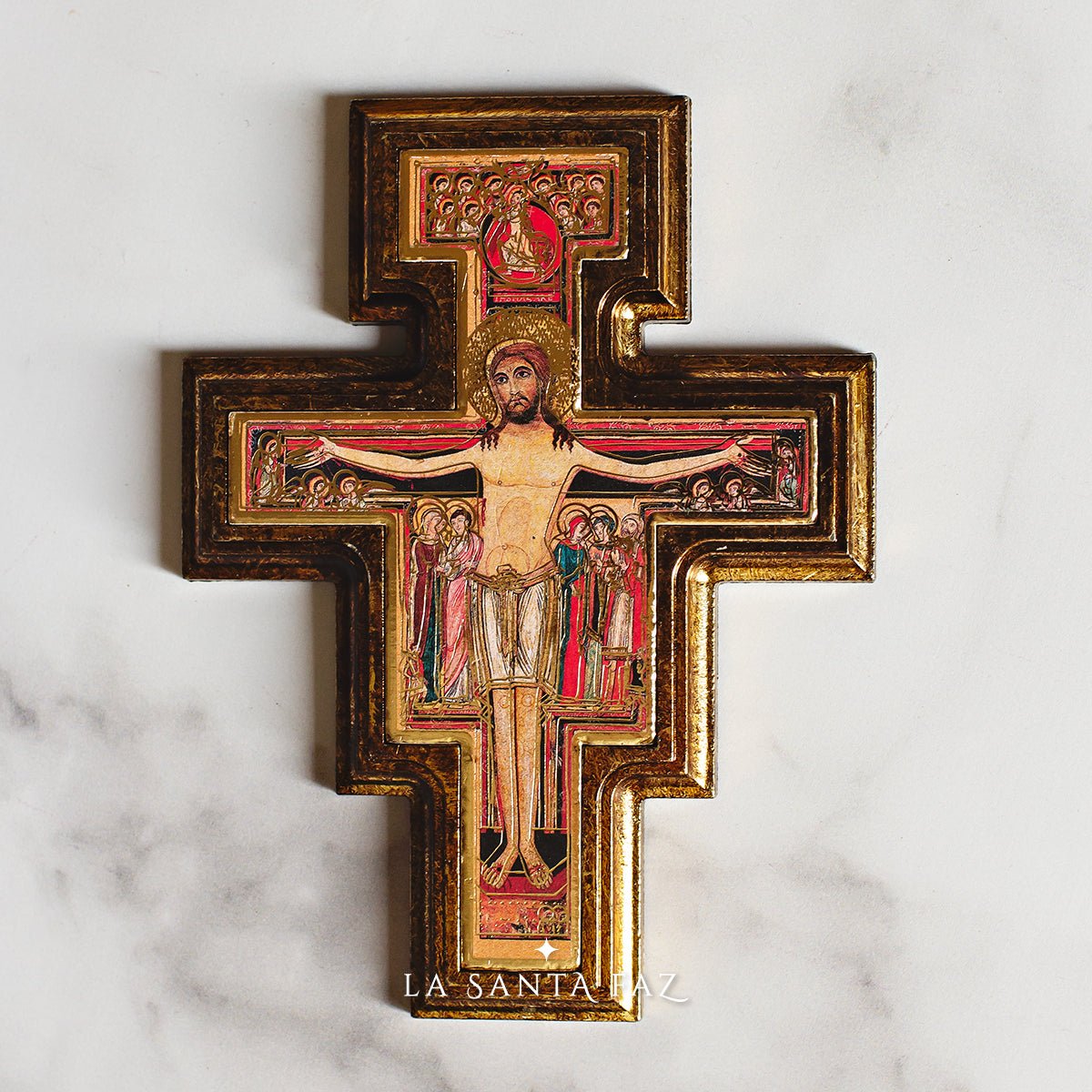 Crucifijo de San Damián dorado a la hoja