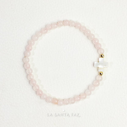 Pulsera Cruz cuarzo rosa