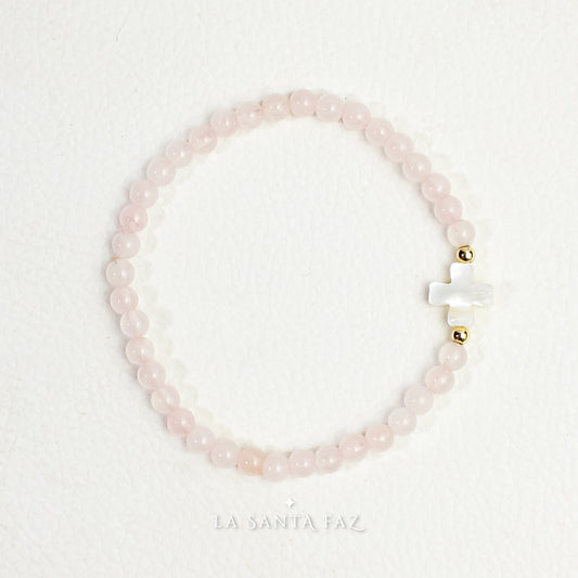 Pulsera Cruz cuarzo rosa