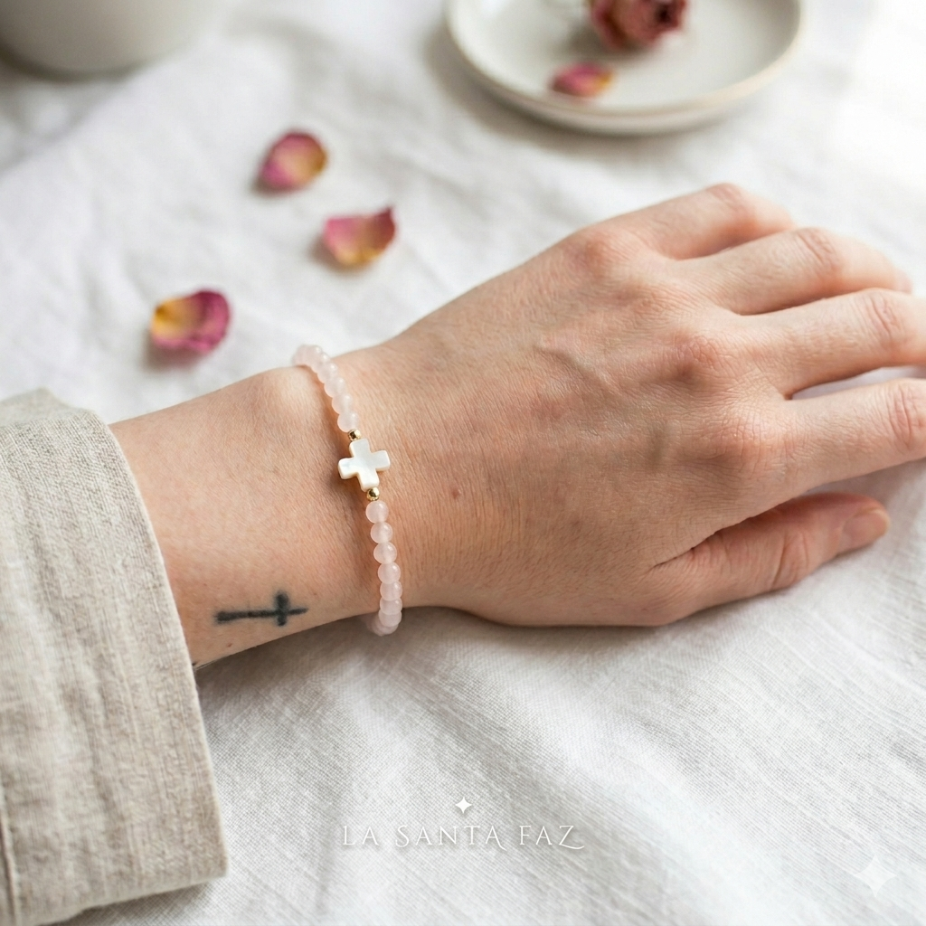 Pulsera Cruz cuarzo rosa